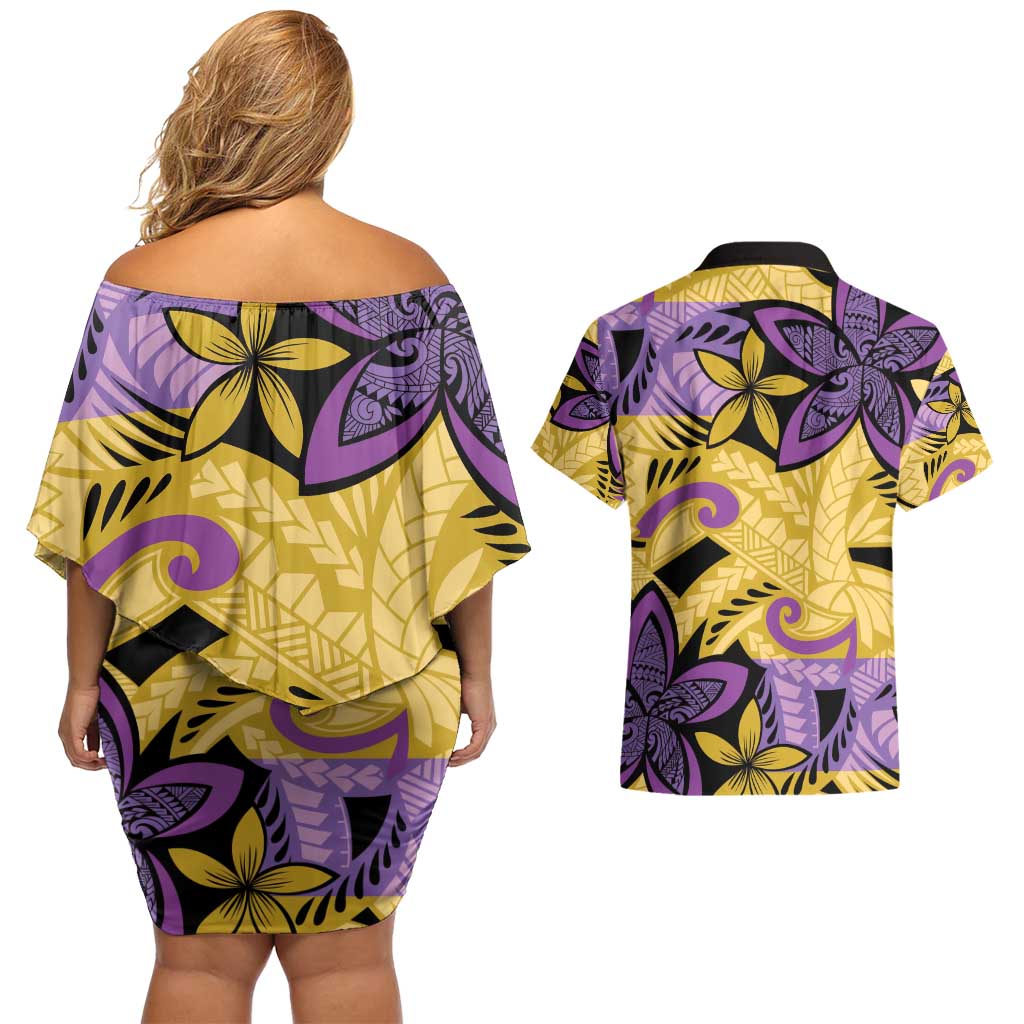 Plumeria Polynesian Pattern Couples Matching Off Shoulder Short Dress and Hawaiian Shirt Unique Fantasy Yellow Purple LT01 - Polynesian Pride