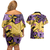 Plumeria Polynesian Pattern Couples Matching Off Shoulder Short Dress and Hawaiian Shirt Unique Fantasy Yellow Purple LT01 - Polynesian Pride