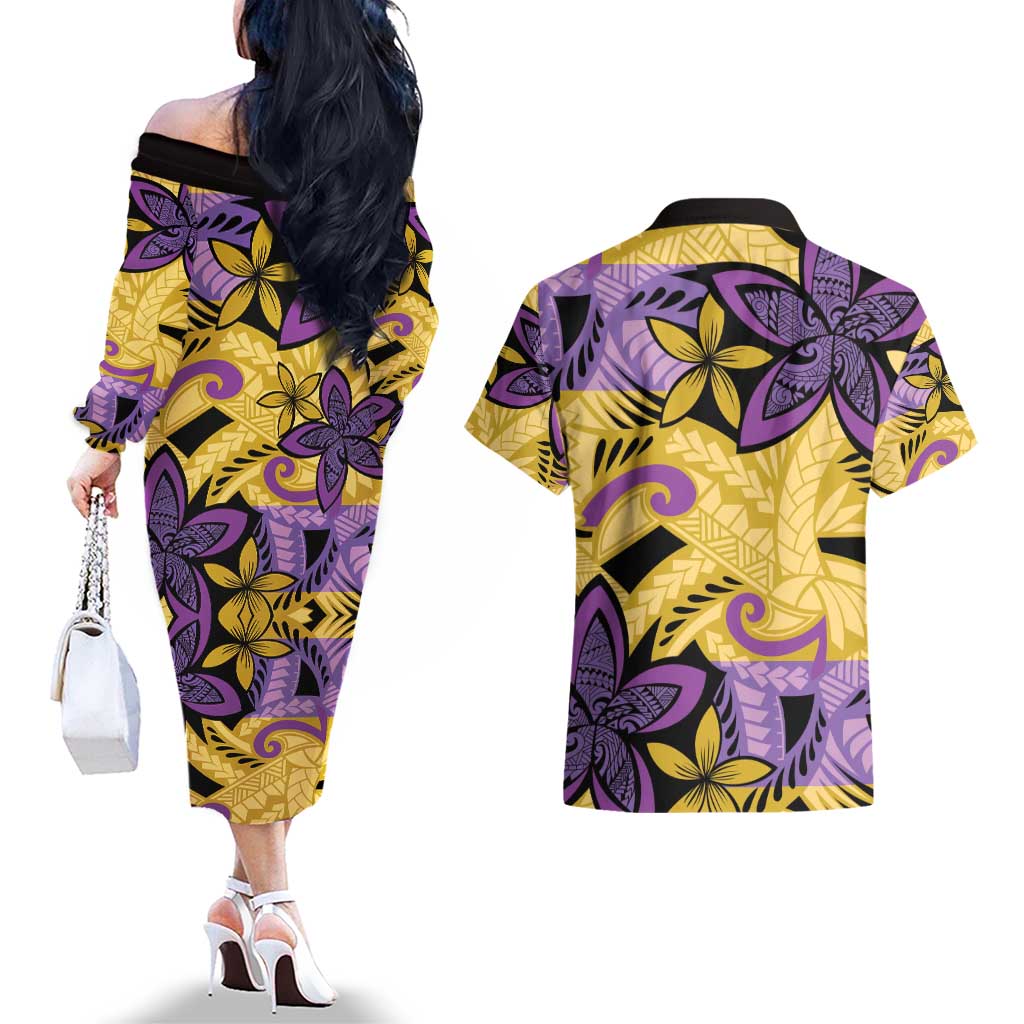Plumeria Polynesian Pattern Couples Matching Off The Shoulder Long Sleeve Dress and Hawaiian Shirt Unique Fantasy Yellow Purple LT01 - Polynesian Pride