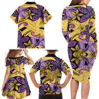 Plumeria Polynesian Pattern Family Matching Long Sleeve Bodycon Dress and Hawaiian Shirt Unique Fantasy Yellow Purple LT01 - Polynesian Pride