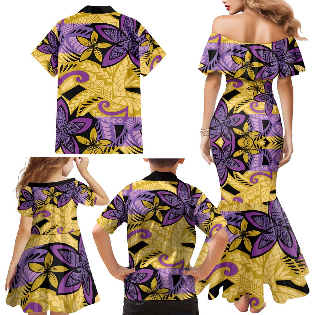 Plumeria Polynesian Pattern Family Matching Mermaid Dress and Hawaiian Shirt Unique Fantasy Yellow Purple LT01 - Polynesian Pride