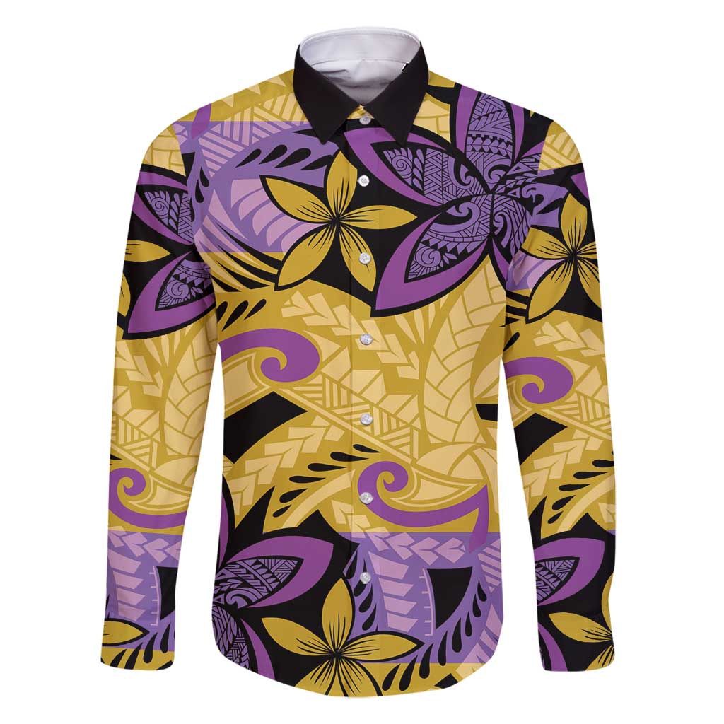 Plumeria Polynesian Pattern Family Matching Mermaid Dress and Hawaiian Shirt Unique Fantasy Yellow Purple LT01 Dad's Shirt - Long Sleeve Yellow - Polynesian Pride