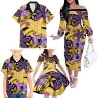 Plumeria Polynesian Pattern Family Matching Off The Shoulder Long Sleeve Dress and Hawaiian Shirt Unique Fantasy Yellow Purple LT01 - Polynesian Pride