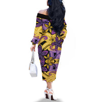 Plumeria Polynesian Pattern Family Matching Off The Shoulder Long Sleeve Dress and Hawaiian Shirt Unique Fantasy Yellow Purple LT01 - Polynesian Pride