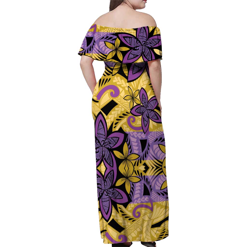 Plumeria Polynesian Pattern Family Matching Off Shoulder Maxi Dress and Hawaiian Shirt Unique Fantasy Yellow Purple