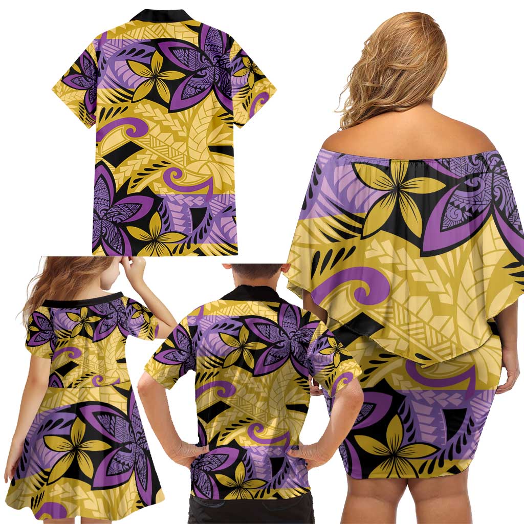 Plumeria Polynesian Pattern Family Matching Off Shoulder Short Dress and Hawaiian Shirt Unique Fantasy Yellow Purple