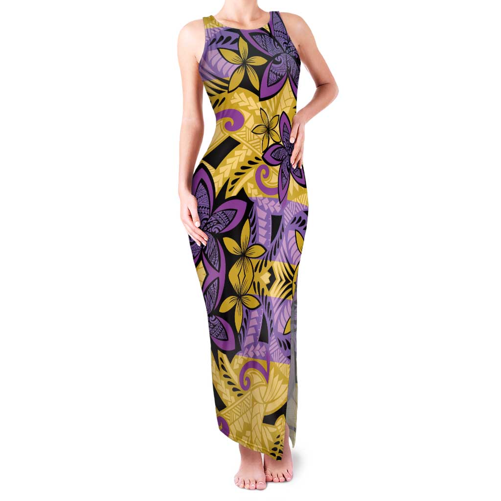 Plumeria Polynesian Pattern Family Matching Tank Maxi Dress and Hawaiian Shirt Unique Fantasy Yellow Purple