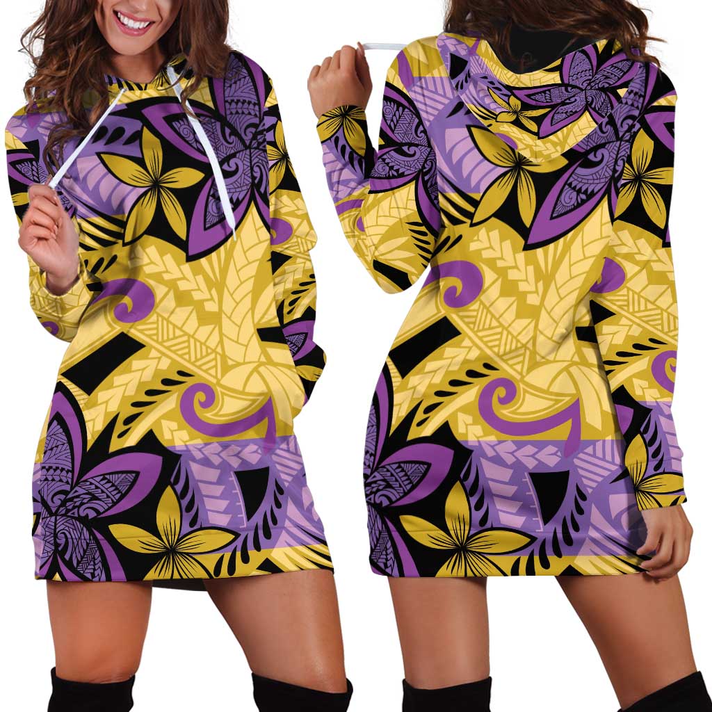 Plumeria Polynesian Pattern Hoodie Dress Unique Fantasy Yellow Purple
