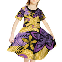 Plumeria Polynesian Pattern Kid Short Sleeve Dress Unique Fantasy Yellow Purple
