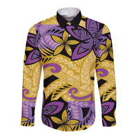 Plumeria Polynesian Pattern Long Sleeve Button Shirt Unique Fantasy Yellow Purple