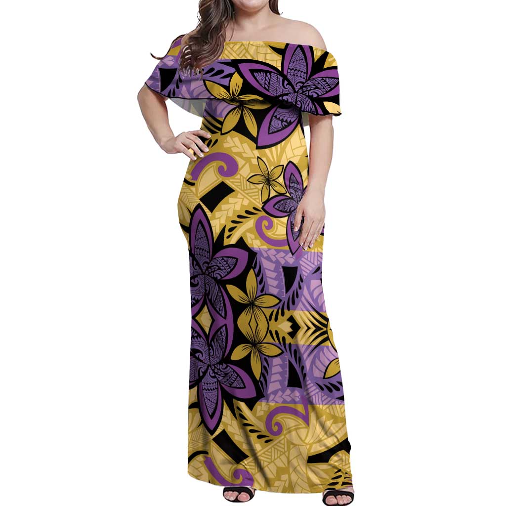 Plumeria Polynesian Pattern Off Shoulder Maxi Dress Unique Fantasy Yellow Purple