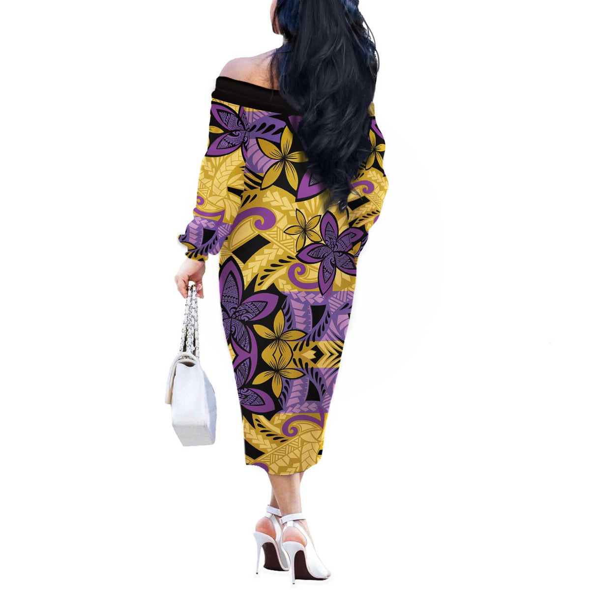 Plumeria Polynesian Pattern Off The Shoulder Long Sleeve Dress Unique Fantasy Yellow Purple