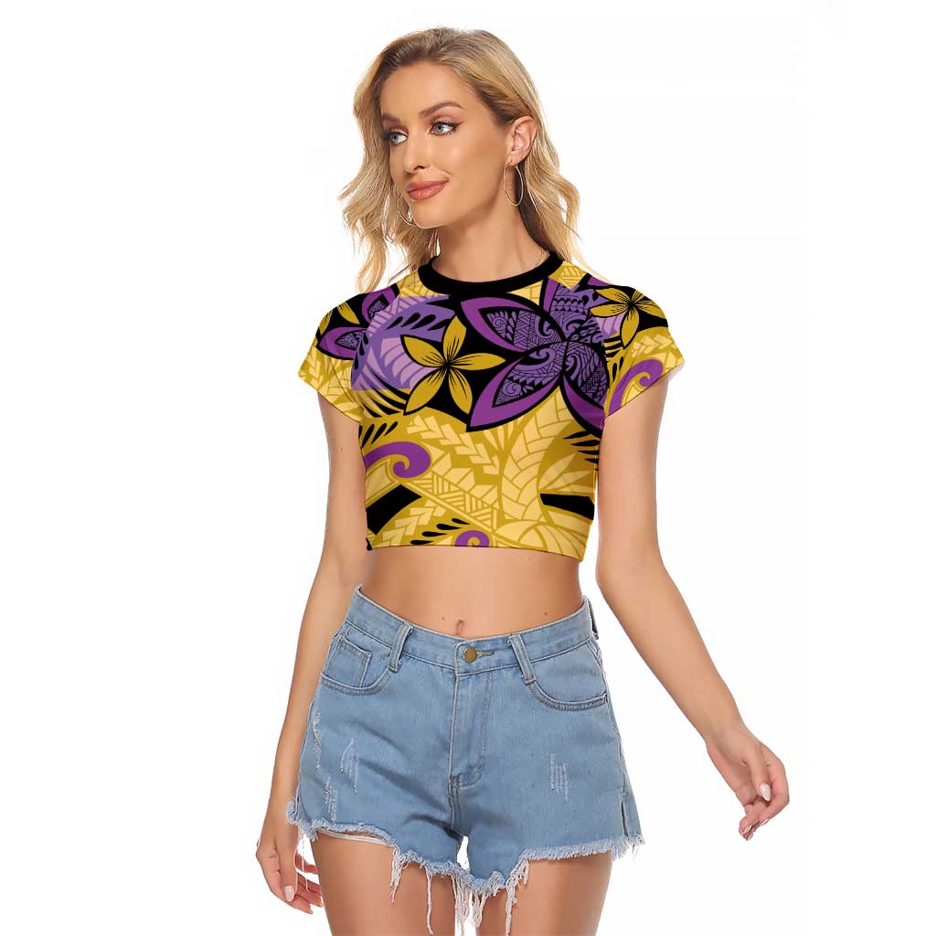 Plumeria Polynesian Pattern Raglan Cropped T Shirt Unique Fantasy Yellow Purple LT01 Female Yellow - Polynesian Pride