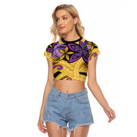 Plumeria Polynesian Pattern Raglan Cropped T Shirt Unique Fantasy Yellow Purple LT01 Female Yellow - Polynesian Pride