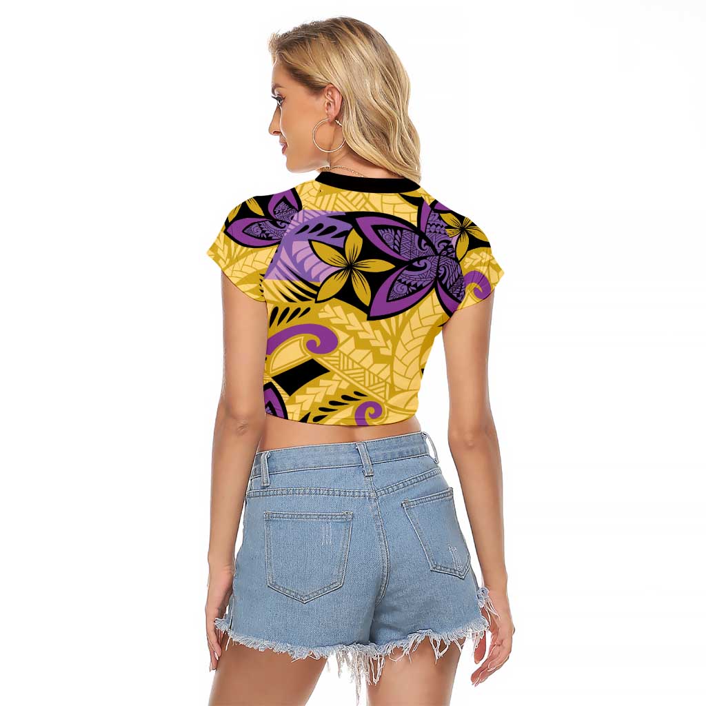 Plumeria Polynesian Pattern Raglan Cropped T Shirt Unique Fantasy Yellow Purple LT01 - Polynesian Pride