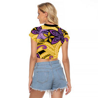Plumeria Polynesian Pattern Raglan Cropped T Shirt Unique Fantasy Yellow Purple LT01 - Polynesian Pride