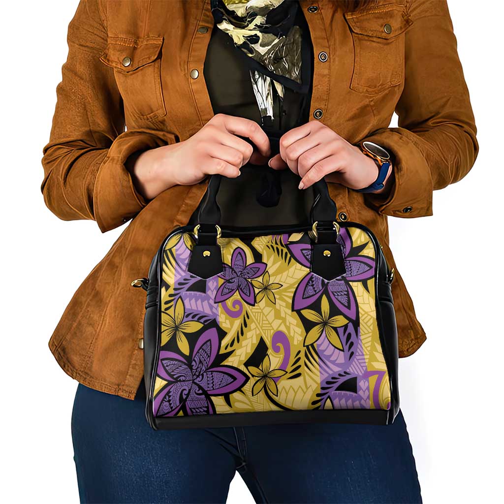 Plumeria Polynesian Pattern Shoulder Handbag Unique Fantasy Yellow Purple