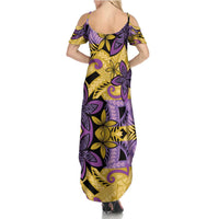 Plumeria Polynesian Pattern Summer Maxi Dress Unique Fantasy Yellow Purple