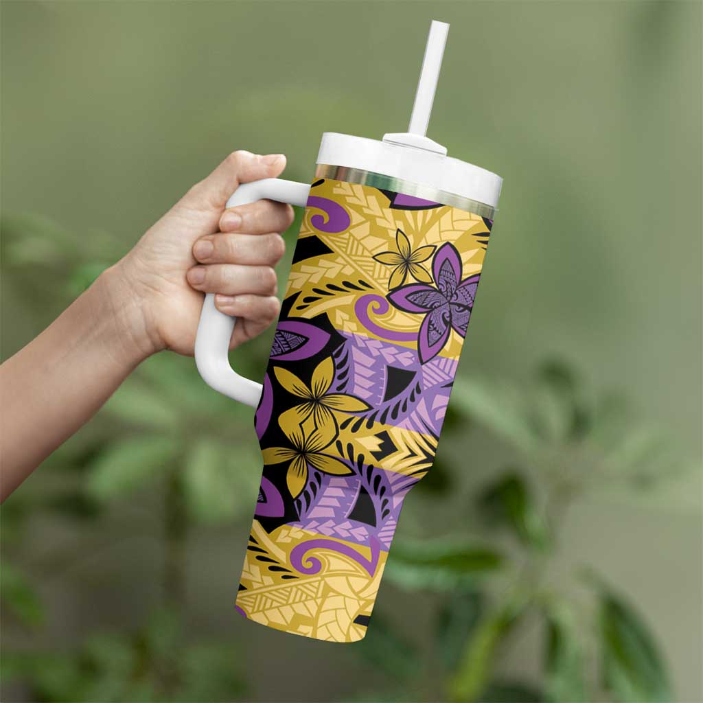Plumeria Polynesian Pattern Tumbler With Handle Unique Fantasy Yellow Purple
