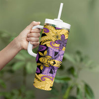 Plumeria Polynesian Pattern Tumbler With Handle Unique Fantasy Yellow Purple