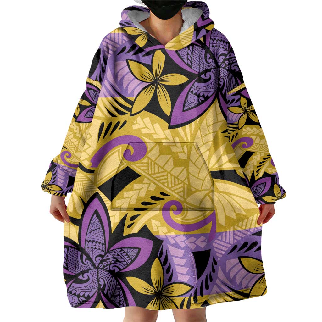 Plumeria Polynesian Pattern Wearable Blanket Hoodie Unique Fantasy Yellow Purple