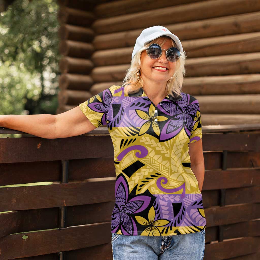 Plumeria Polynesian Pattern Women Polo Shirt Unique Fantasy Yellow Purple
