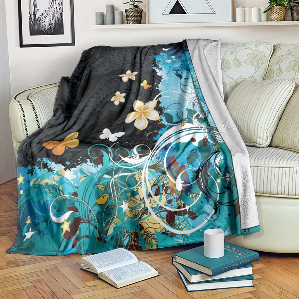 Blue Grunge Polynesian Pattern Blanket Plumeria Floral
