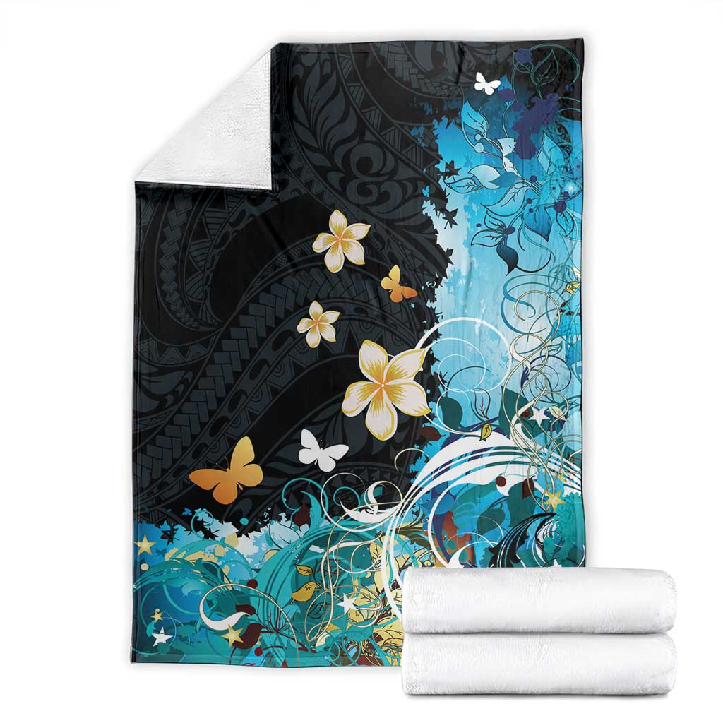 Blue Grunge Polynesian Pattern Blanket Plumeria Floral
