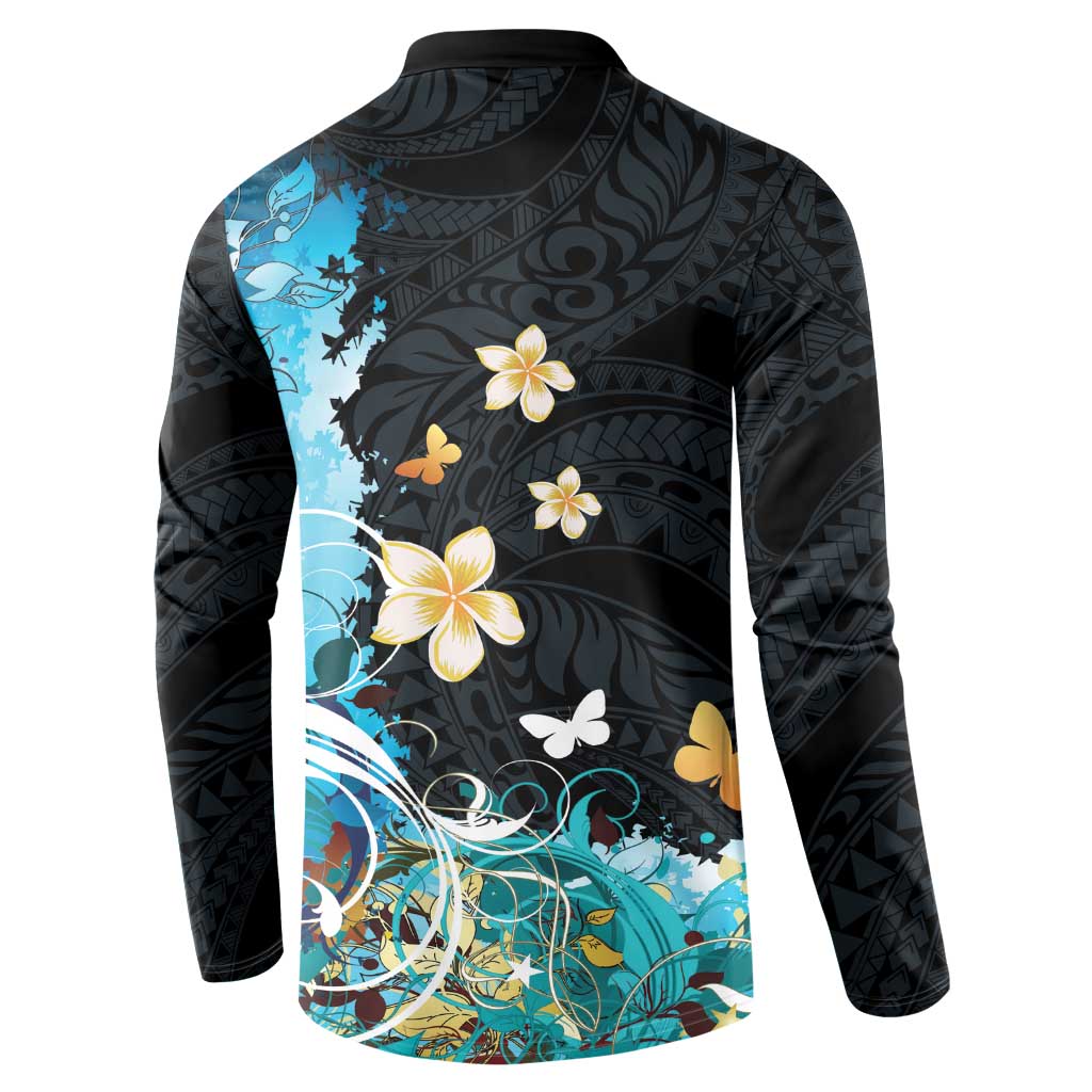 Blue Grunge Polynesian Pattern Button Sweatshirt Plumeria Floral