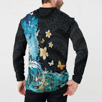 Blue Grunge Polynesian Pattern Button Sweatshirt Plumeria Floral