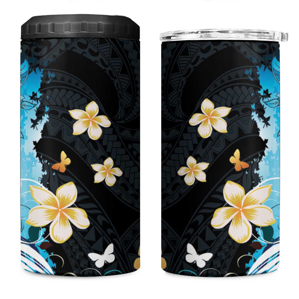 Blue Grunge Polynesian Pattern 4 in 1 Can Cooler Tumbler Plumeria Floral