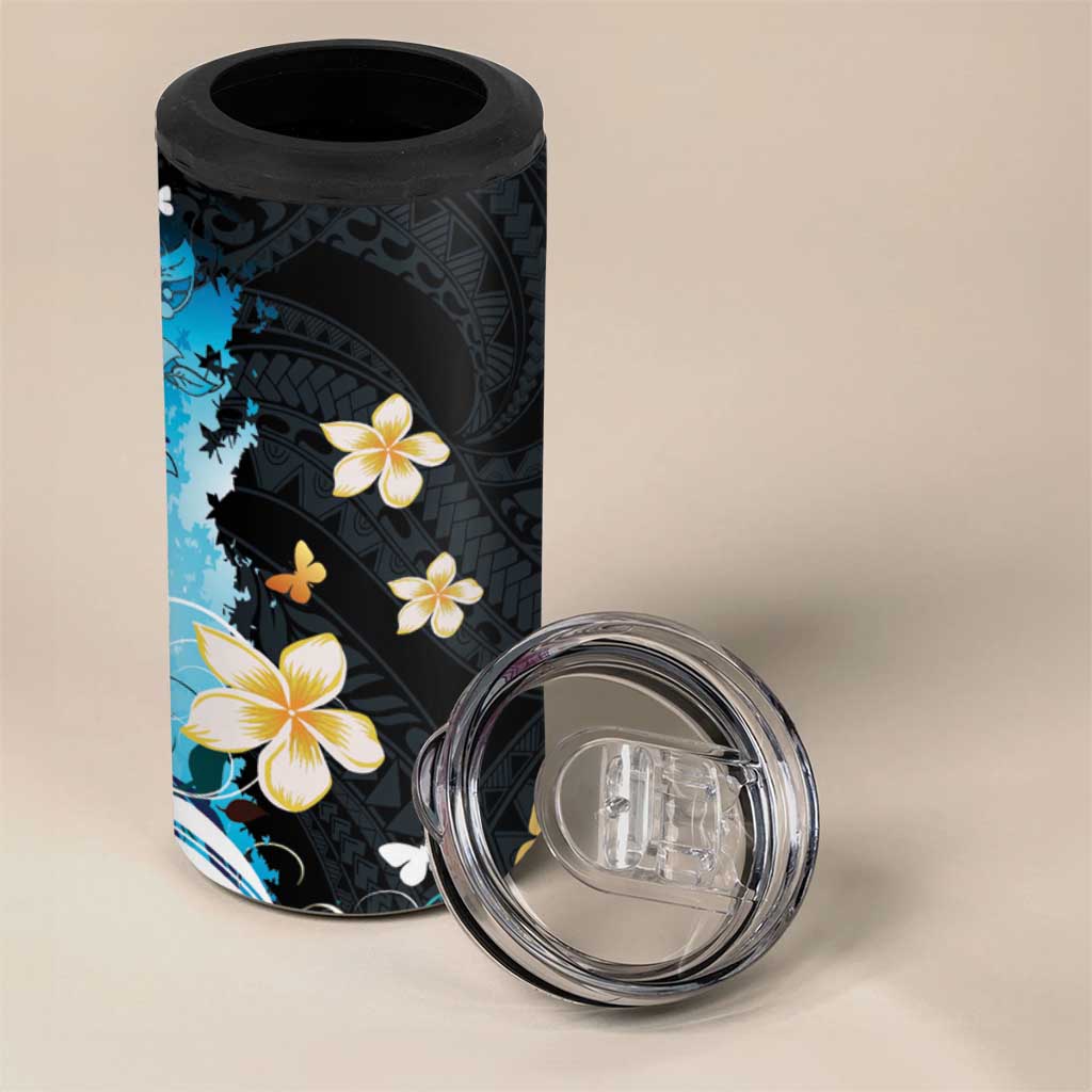 Blue Grunge Polynesian Pattern 4 in 1 Can Cooler Tumbler Plumeria Floral