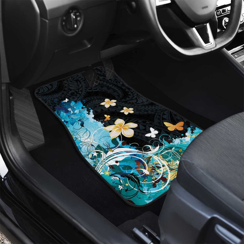 Blue Grunge Polynesian Pattern Car Mats Plumeria Floral