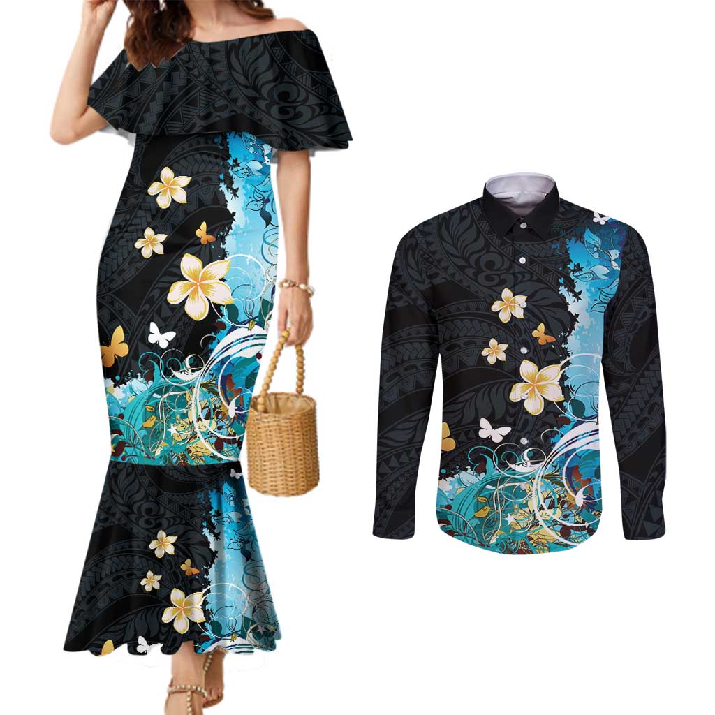 Blue Grunge Polynesian Pattern Couples Matching Mermaid Dress and Long Sleeve Button Shirt Plumeria Floral