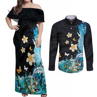 Blue Grunge Polynesian Pattern Couples Matching Off Shoulder Maxi Dress and Long Sleeve Button Shirt Plumeria Floral
