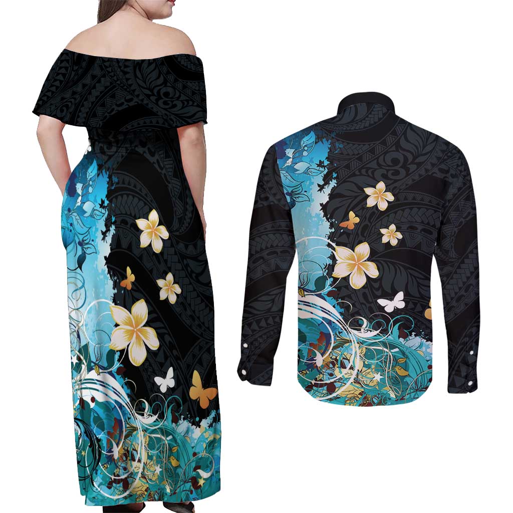Blue Grunge Polynesian Pattern Couples Matching Off Shoulder Maxi Dress and Long Sleeve Button Shirt Plumeria Floral