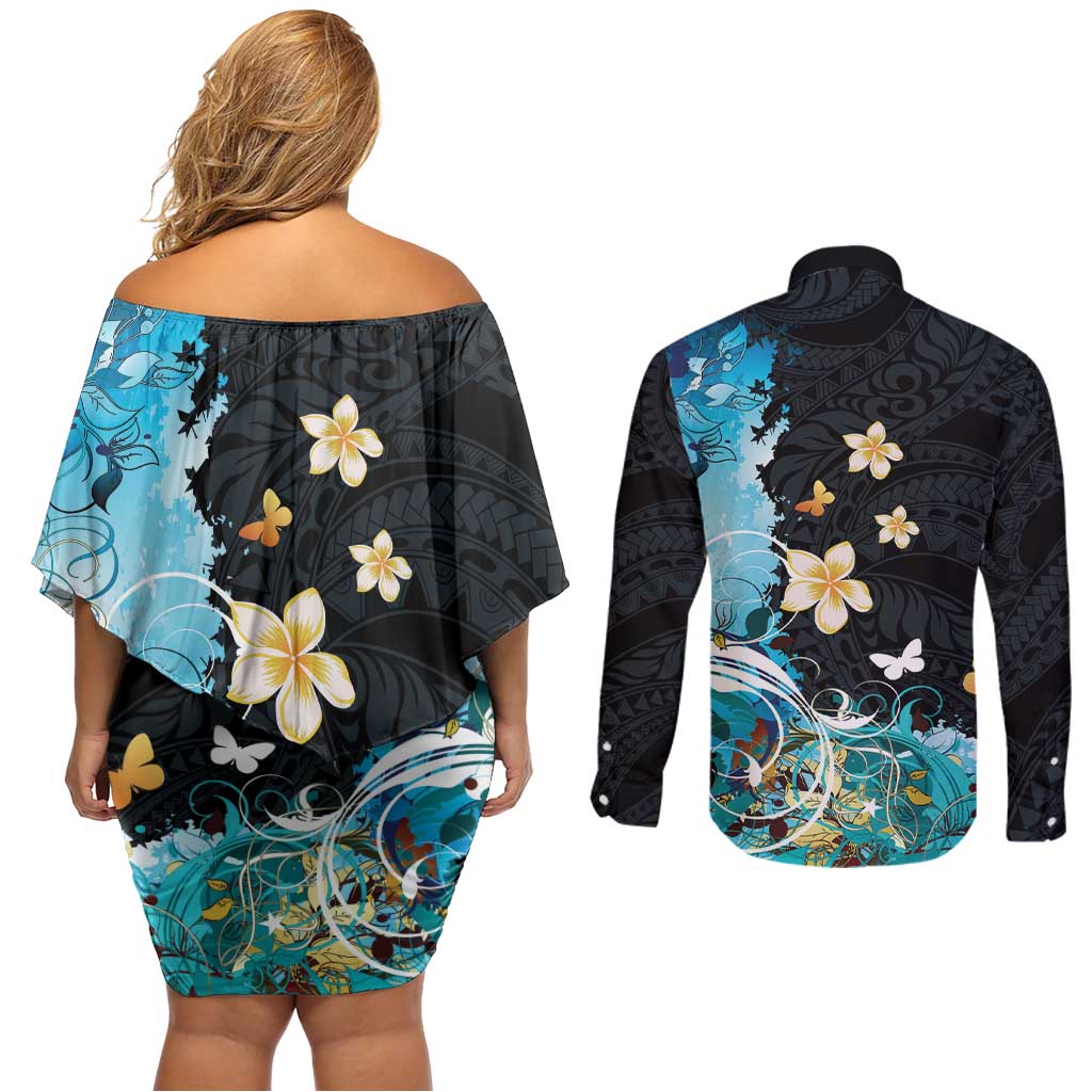 Blue Grunge Polynesian Pattern Couples Matching Off Shoulder Short Dress and Long Sleeve Button Shirt Plumeria Floral