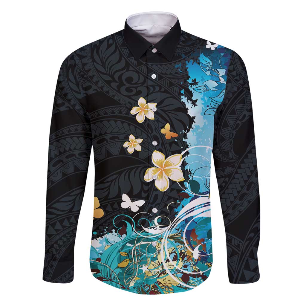 Blue Grunge Polynesian Pattern Family Matching Long Sleeve Bodycon Dress and Hawaiian Shirt Plumeria Floral LT01 Dad's Shirt - Long Sleeve Blue - Polynesian Pride