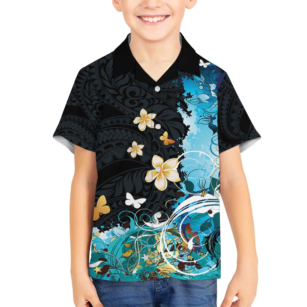 Blue Grunge Polynesian Pattern Family Matching Long Sleeve Bodycon Dress and Hawaiian Shirt Plumeria Floral LT01 Son's Shirt Blue - Polynesian Pride