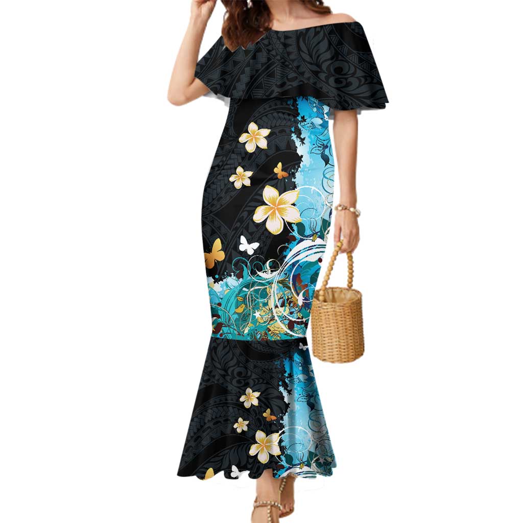 Blue Grunge Polynesian Pattern Family Matching Mermaid Dress and Hawaiian Shirt Plumeria Floral LT01 Mom's Dress Blue - Polynesian Pride