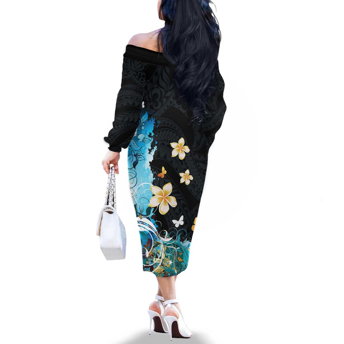 Blue Grunge Polynesian Pattern Family Matching Off The Shoulder Long Sleeve Dress and Hawaiian Shirt Plumeria Floral