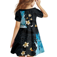 Blue Grunge Polynesian Pattern Family Matching Off Shoulder Short Dress and Hawaiian Shirt Plumeria Floral