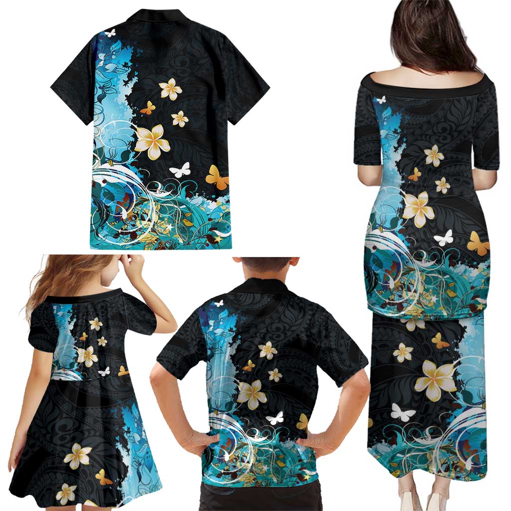 Blue Grunge Polynesian Pattern Family Matching Puletasi and Hawaiian Shirt Plumeria Floral