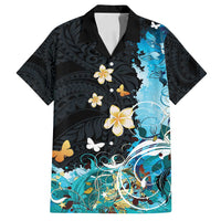 Blue Grunge Polynesian Pattern Family Matching Puletasi and Hawaiian Shirt Plumeria Floral