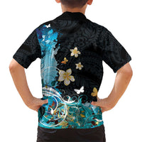 Blue Grunge Polynesian Pattern Family Matching Short Sleeve Bodycon Dress and Hawaiian Shirt Plumeria Floral LT01 - Polynesian Pride