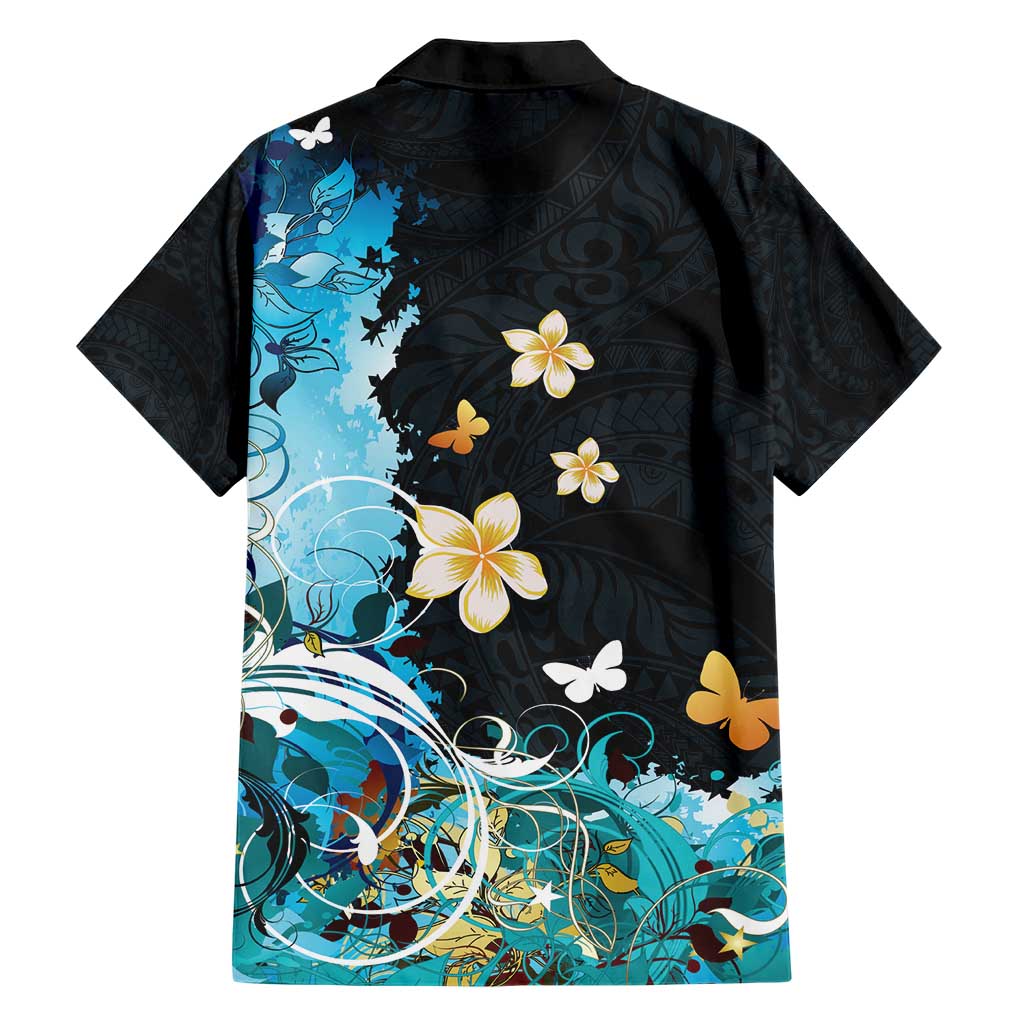 Blue Grunge Polynesian Pattern Family Matching Short Sleeve Bodycon Dress and Hawaiian Shirt Plumeria Floral LT01 - Polynesian Pride