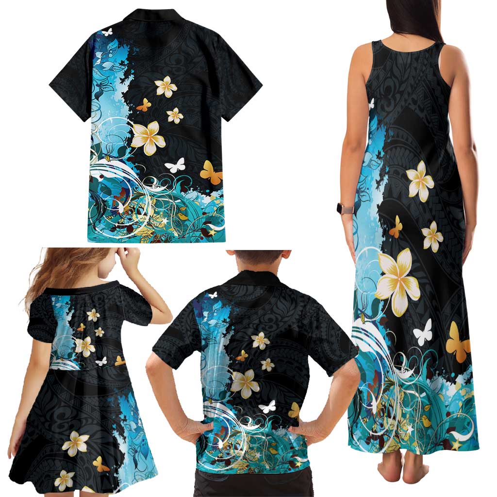 Blue Grunge Polynesian Pattern Family Matching Tank Maxi Dress and Hawaiian Shirt Plumeria Floral