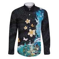 Blue Grunge Polynesian Pattern Family Matching Tank Maxi Dress and Hawaiian Shirt Plumeria Floral