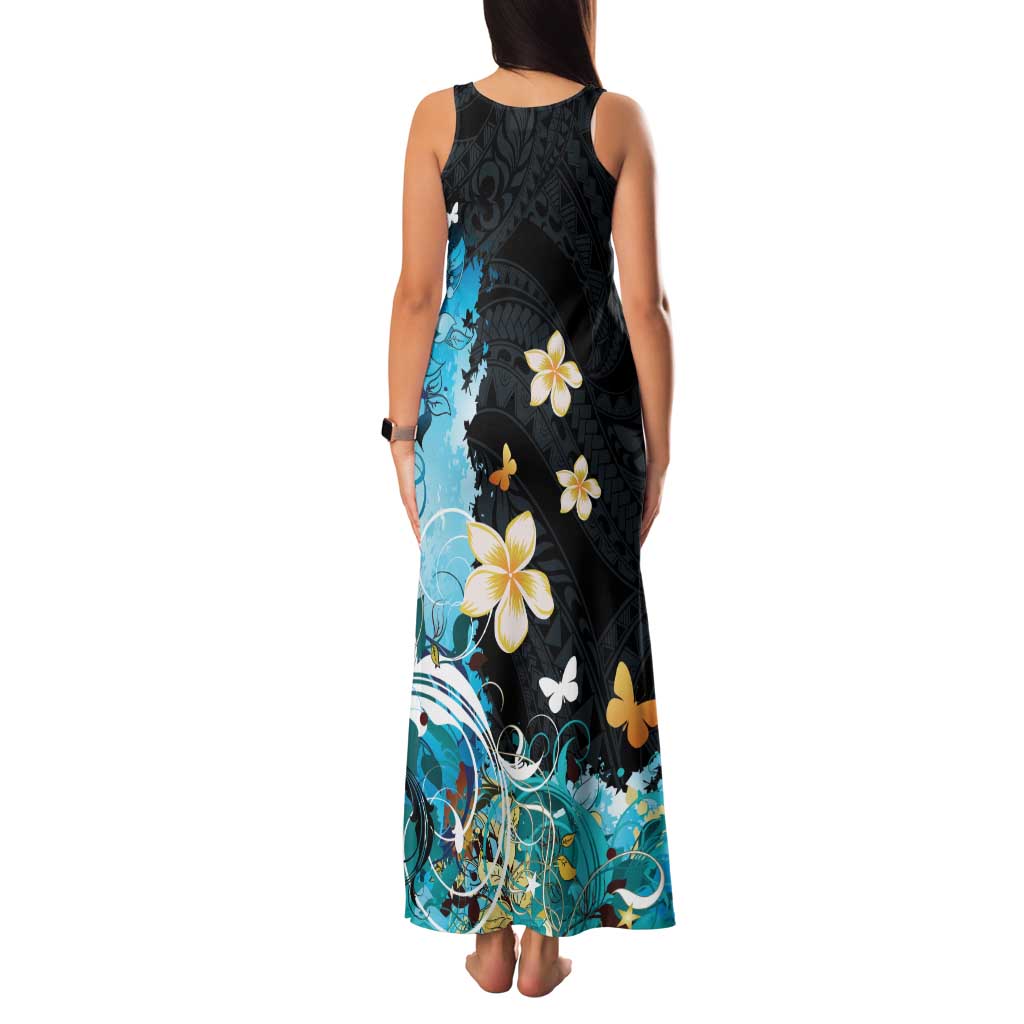 Blue Grunge Polynesian Pattern Family Matching Tank Maxi Dress and Hawaiian Shirt Plumeria Floral