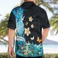 Blue Grunge Polynesian Pattern Hawaiian Shirt Plumeria Floral